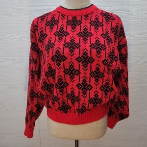 Mister Noah Vibrant Red Black Graphic Knit Sweater Crewneck Pullover Women Sz M